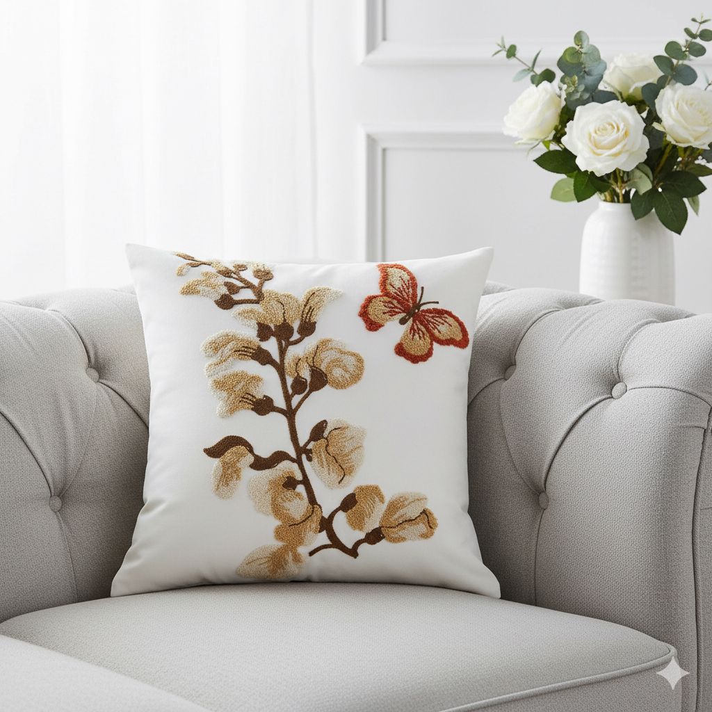 PACK 2 FUNDAS DE COJINES BORDADAS RAMA FLOR MARIPOSA 1
