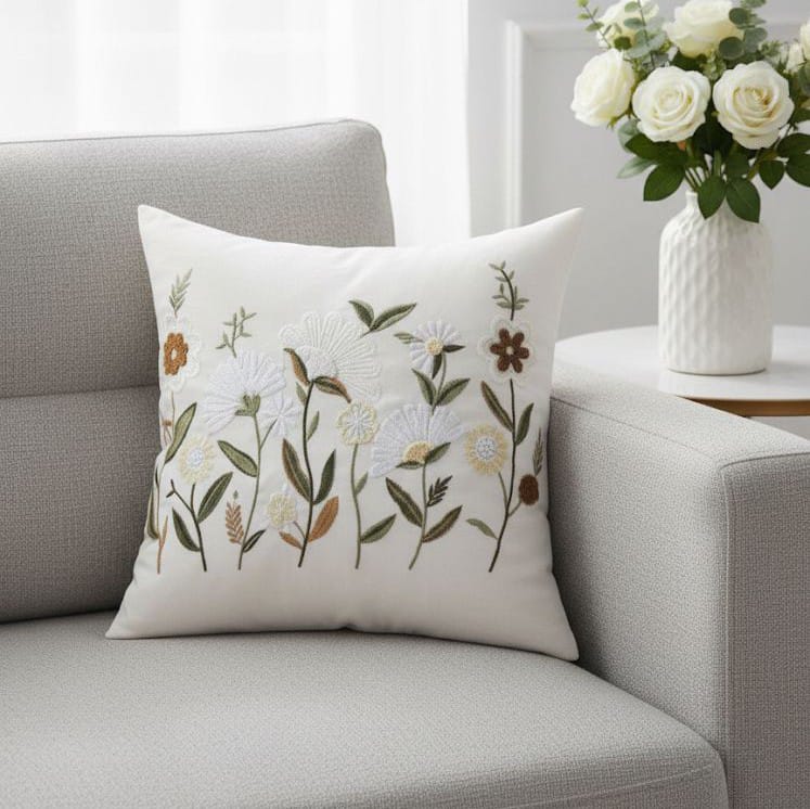 PACK 2 FUNDAS DE COJINES BORDADAS FLORES TONOS TIERRA 1