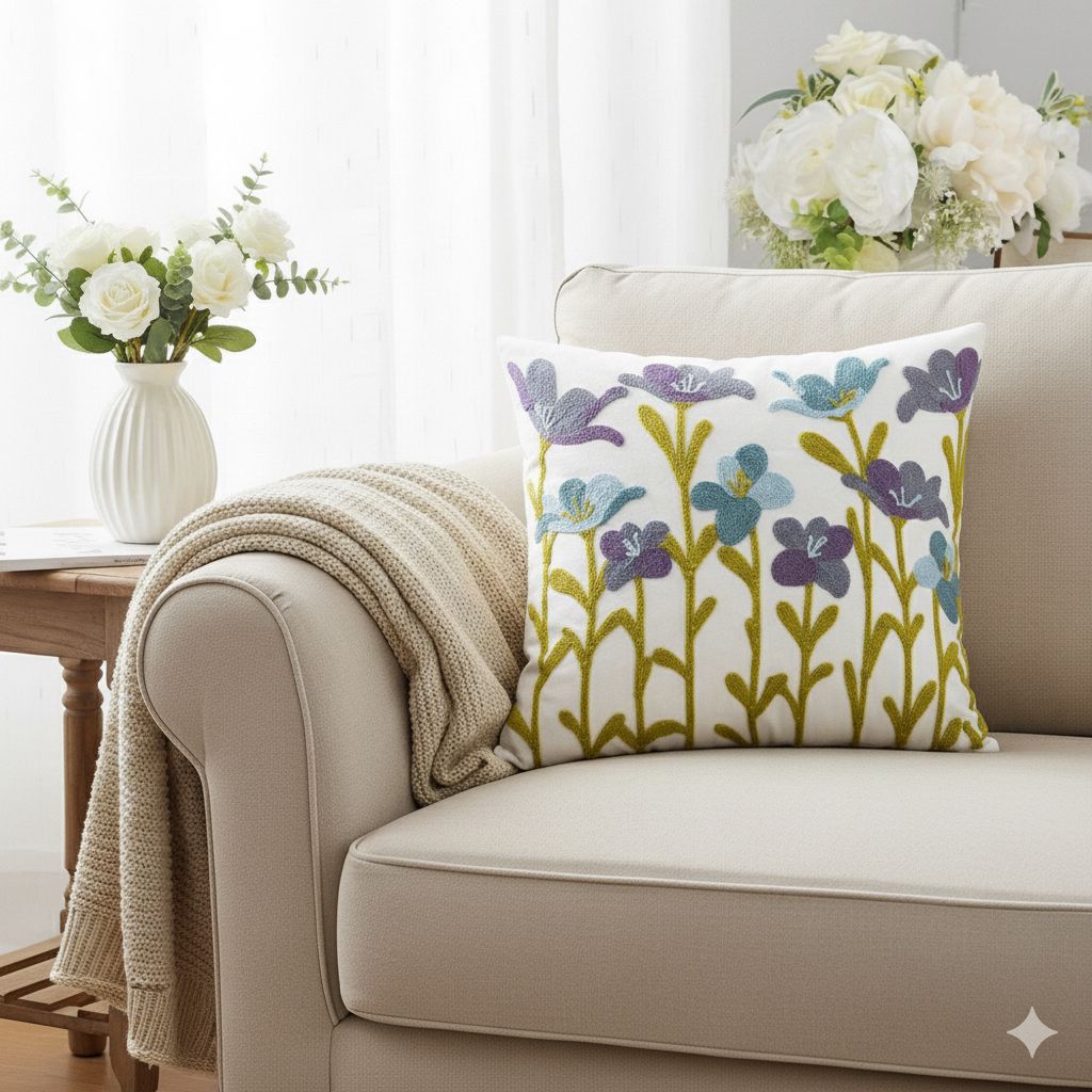 PACK 2 FUNDAS DE COJINES BORDADAS FLORES SILVESTRES MORADAS 1