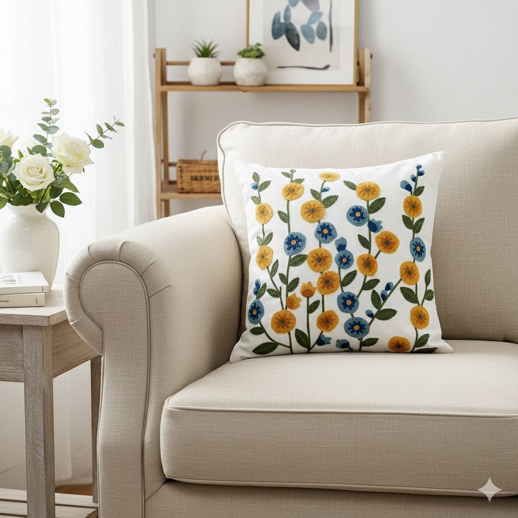 PACK 2 FUNDAS DE COJINES BORDADAS FLORES SILVESTRES AMARILLAS 1