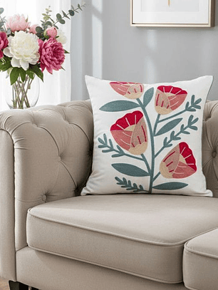 PACK 2 FUNDAS DE COJINES BORDADAS FLORES ROSADAS Y ROJO