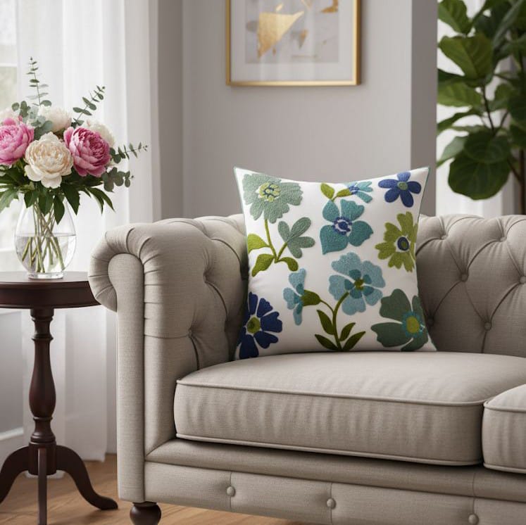 PACK 2 FUNDAS DE COJINES BORDADAS FLORES TONOS VERDES Y AZULES 1