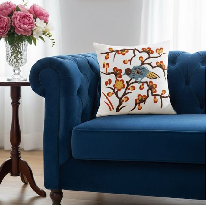 PACK 2 FUNDAS DE COJINES BORDADAS PAJARO CELESTE 1