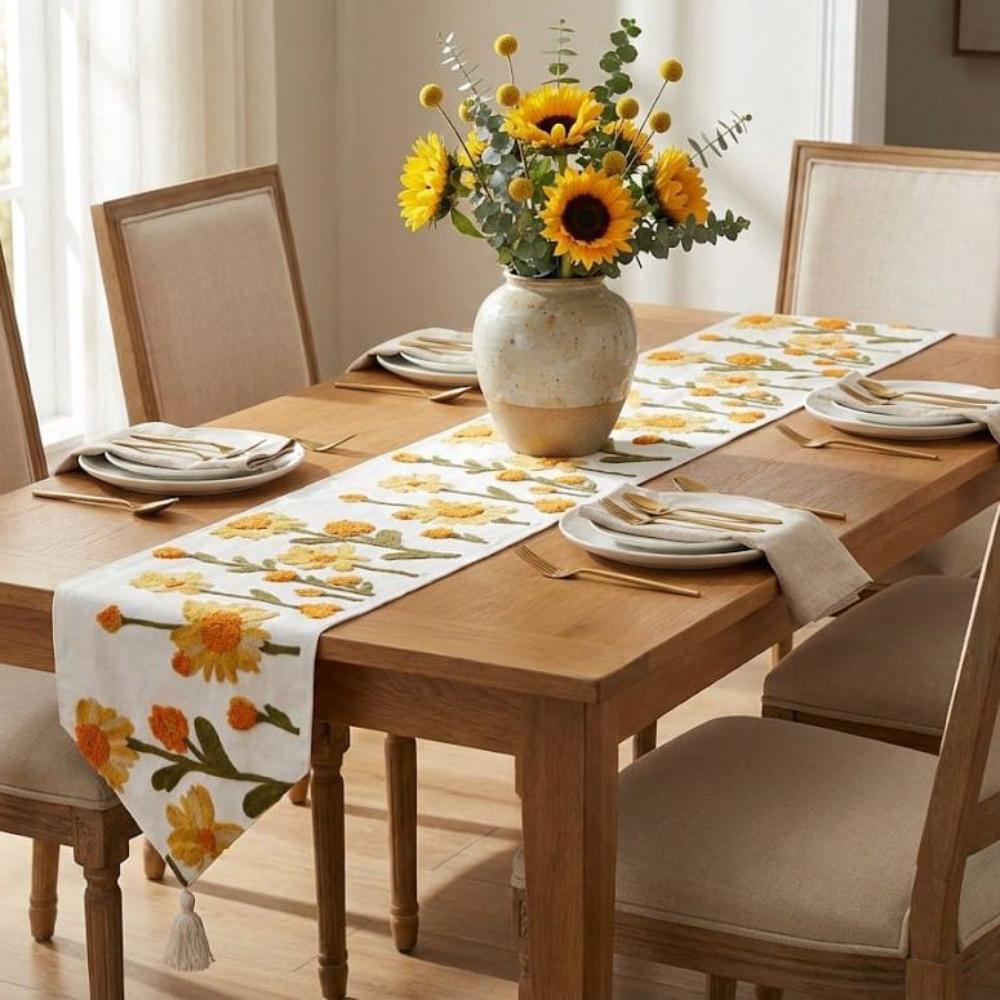 CAMINO DE MESA BORDADO FLORES AMARILLAS Y NARANJO 1