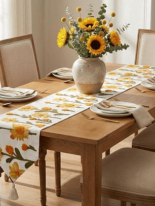 CAMINO DE MESA BORDADO FLORES AMARILLAS Y NARANJO