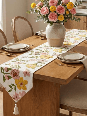 CAMINO DE MESA BORDADO FLORES AMARILLAS Y ROSADAS