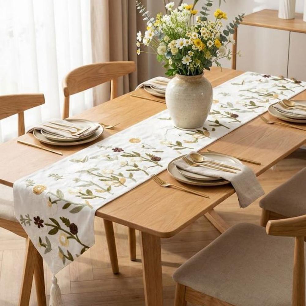 CAMINO DE MESA BORDADO FLORES TONOS TIERRA 1