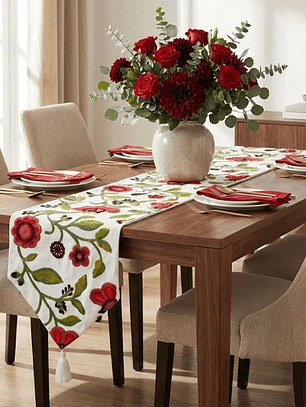 CAMINO DE MESA BORDADO FLORES ROJAS VERDE