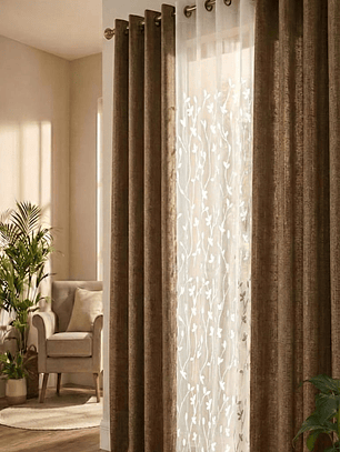 PACK DE CORTINAS DE TELA CON VISILLOS COLOR CAFE