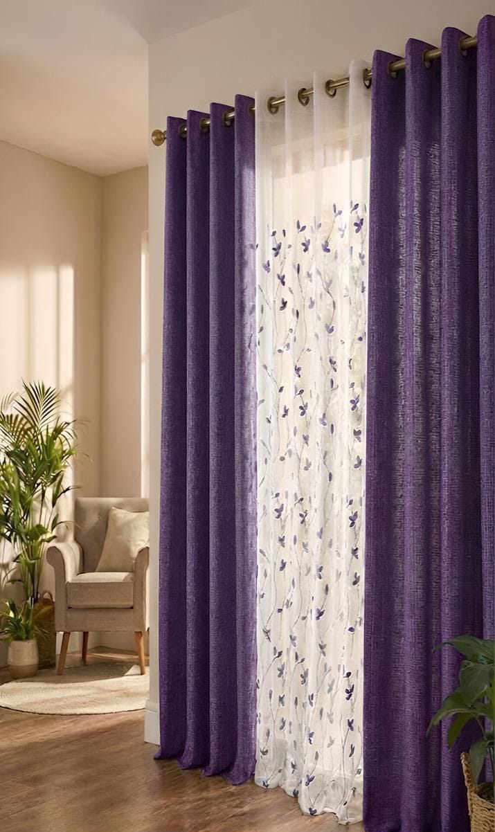 PACK DE CORTINAS DE TELA CON VISILLOS COLOR MORADO 1