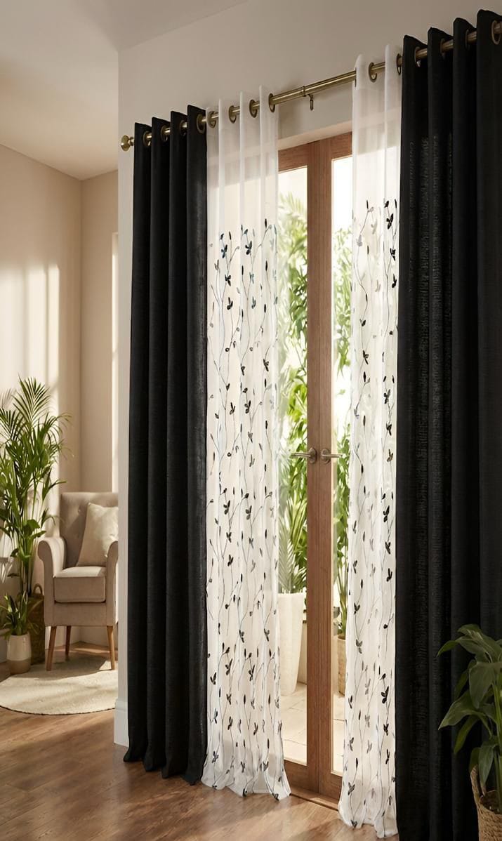 PACK DE CORTINAS DE TELA CON VISILLOS COLOR NEGRO 1