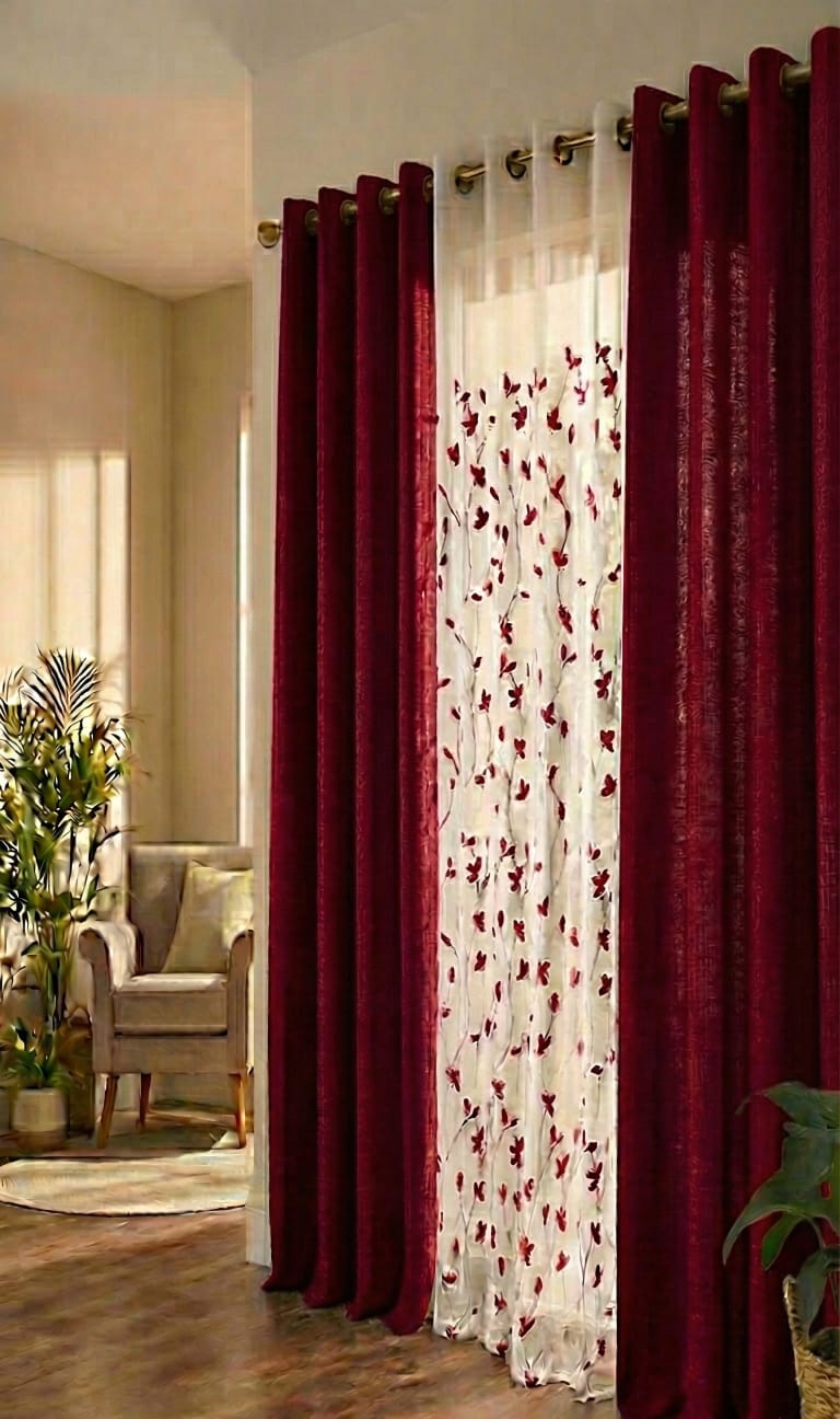 PACK DE CORTINAS DE TELA CON VISILLOS COLOR ROJO 1