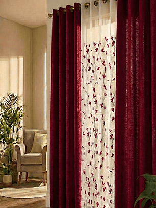 PACK DE CORTINAS DE TELA CON VISILLOS COLOR ROJO