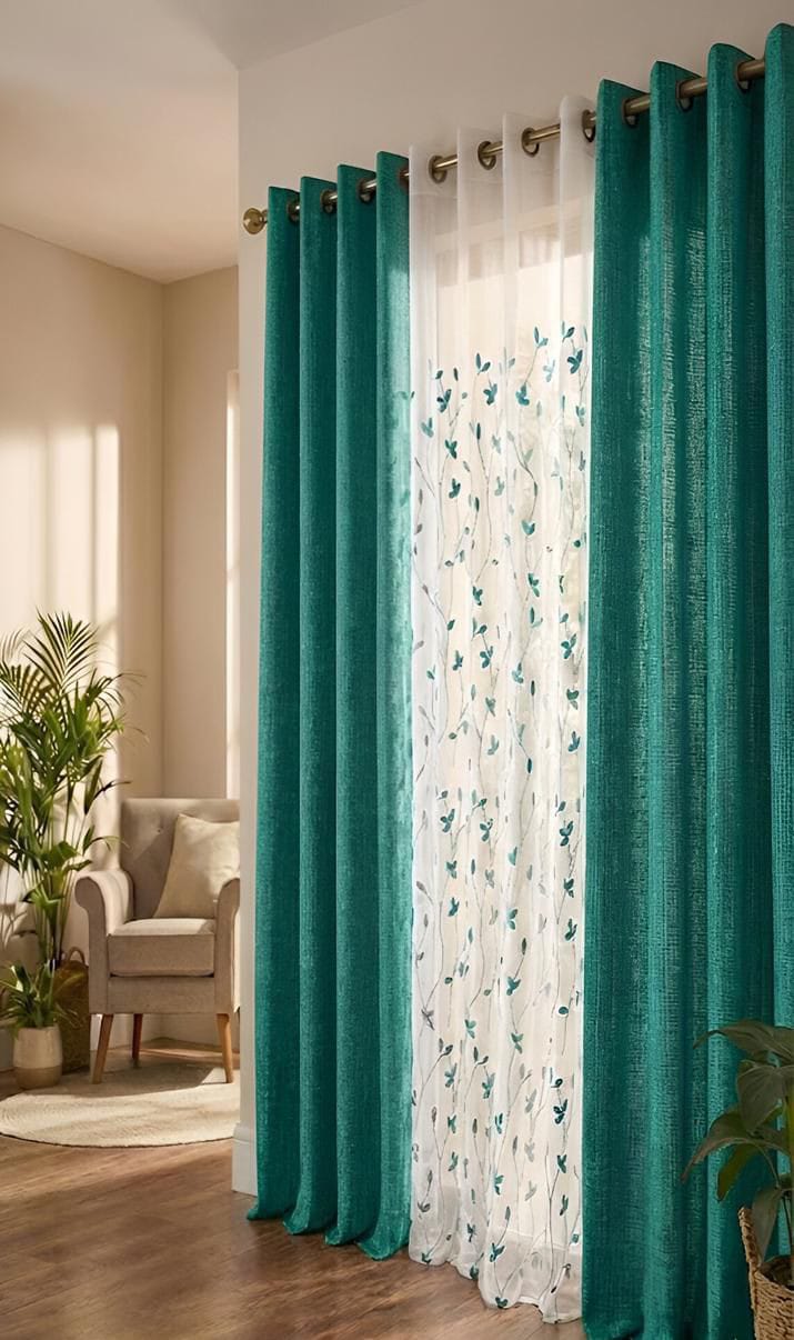 PACK DE CORTINAS DE TELA CON VISILLOS COLOR VERDE ESMERALDA 1