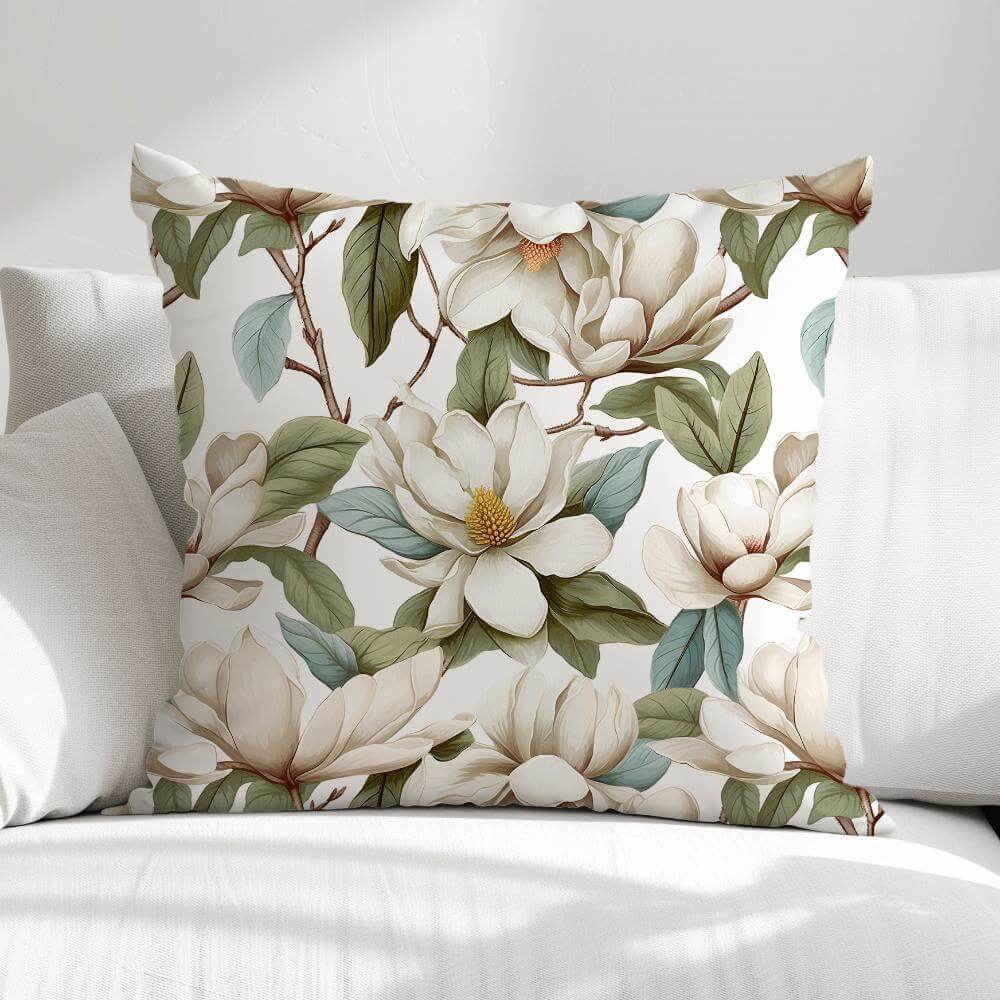 FUNDA DE COJIN MAGNOLIAS HOJAS TURQUESA 1