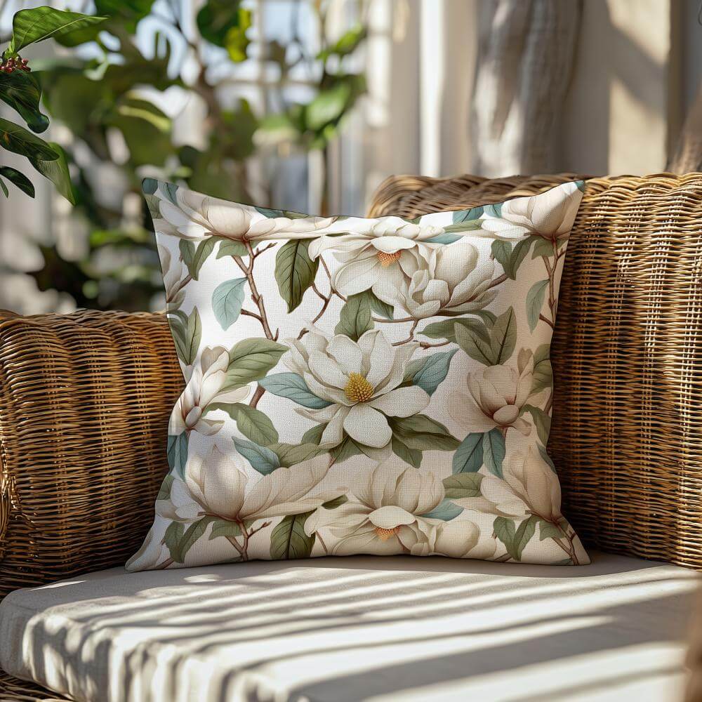 FUNDA DE COJIN MAGNOLIAS HOJAS TURQUESA 2