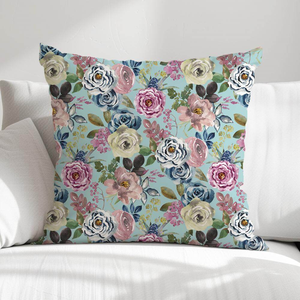 FUNDA DE COJIN ROSAS FONDO TURQUESA 1