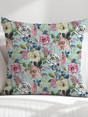 FUNDA DE COJIN ROSAS FONDO TURQUESA