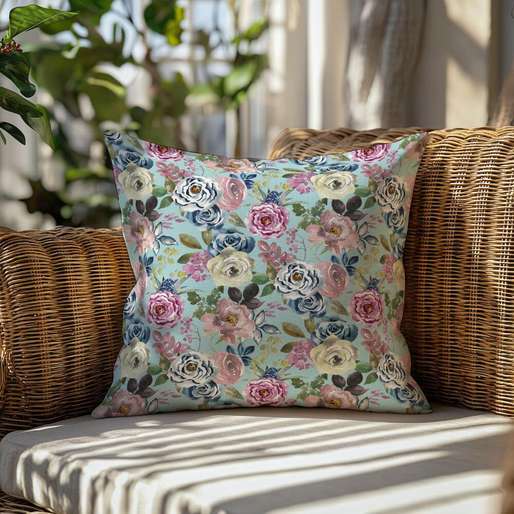 FUNDA DE COJIN ROSAS FONDO TURQUESA 2