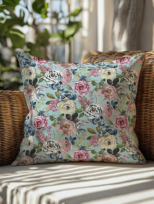 FUNDA DE COJIN ROSAS FONDO TURQUESA