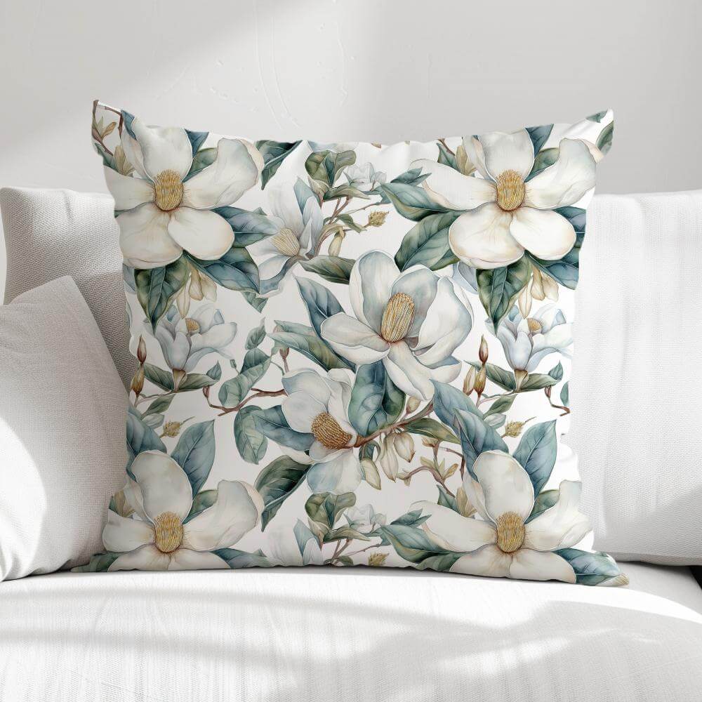 FUNDA DE COJIN FLOR BLANCA HOJAS TURQUESA 1