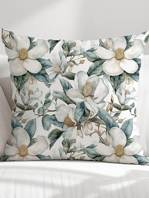 FUNDA DE COJIN FLOR BLANCA HOJAS TURQUESA