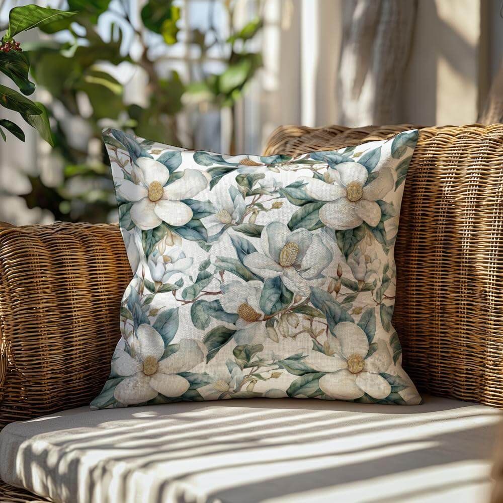 FUNDA DE COJIN FLOR BLANCA HOJAS TURQUESA 2