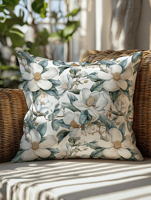 FUNDA DE COJIN FLOR BLANCA HOJAS TURQUESA