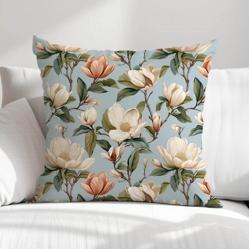 FUNDA DE COJIN MAGNOLIAS FONDO CELESTE 1