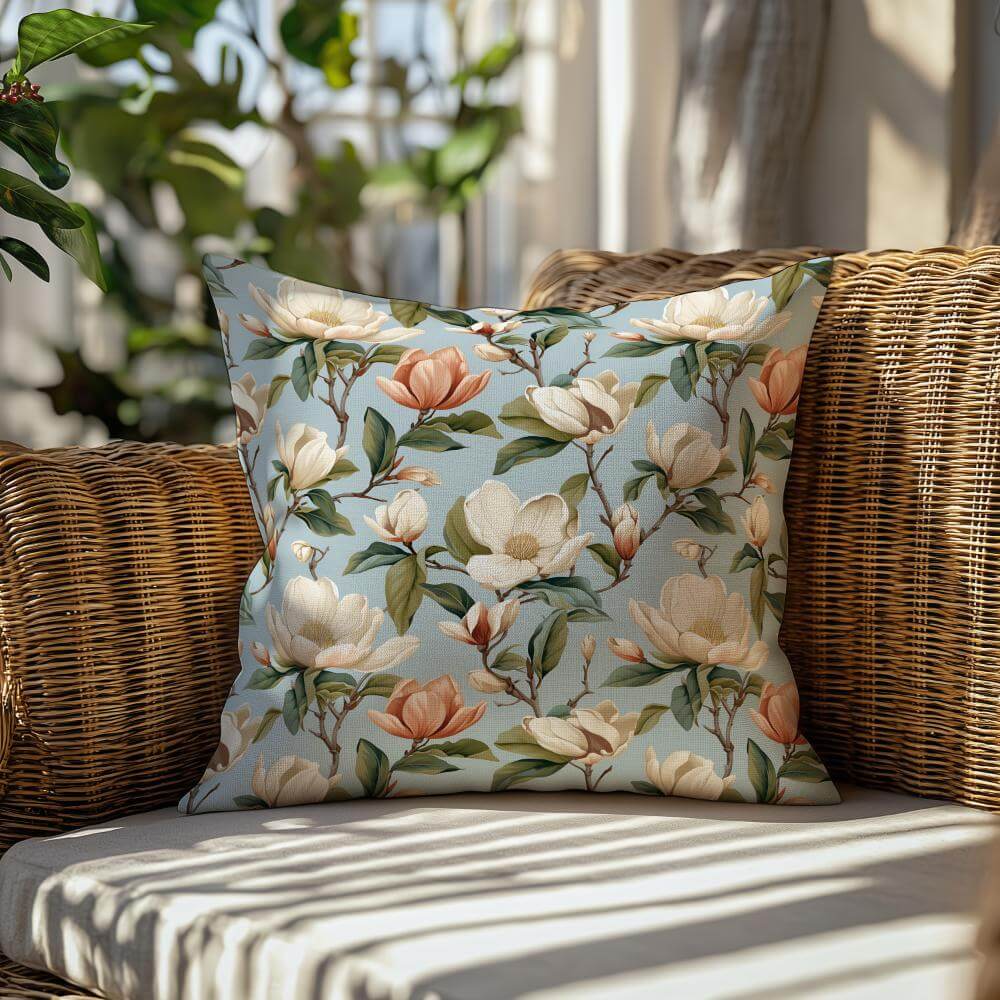 FUNDA DE COJIN MAGNOLIAS FONDO CELESTE 2