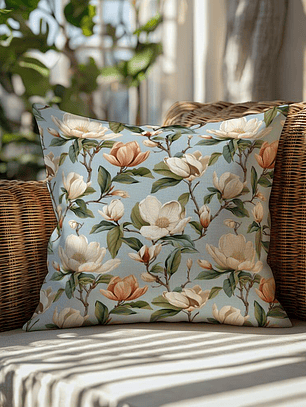 FUNDA DE COJIN MAGNOLIAS FONDO CELESTE