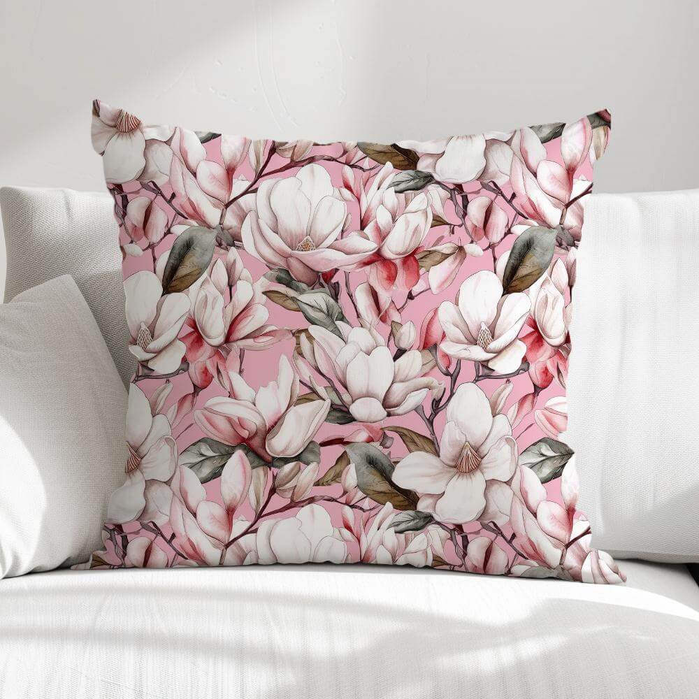 FUNDA DE COJIN MAGNOLIAS FONDO ROSADO 1
