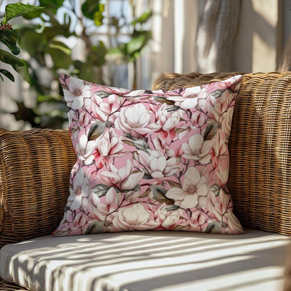 FUNDA DE COJIN MAGNOLIAS FONDO ROSADO 2