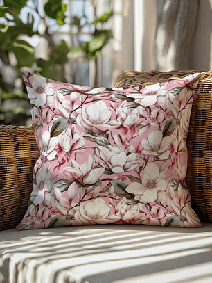 FUNDA DE COJIN MAGNOLIAS FONDO ROSADO