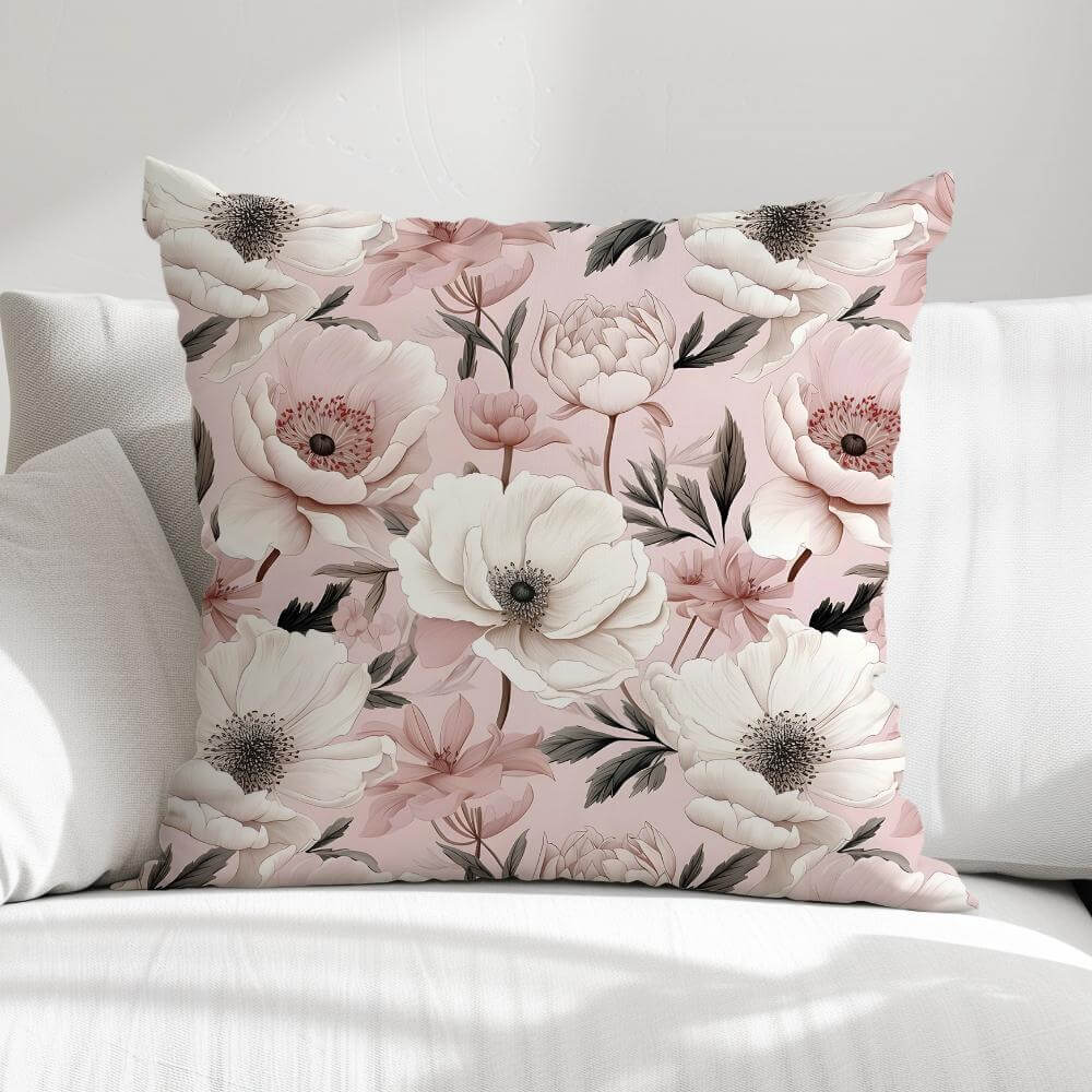 FUNDA DE COJIN FLORES BLANCAS Y ROSADAS 1