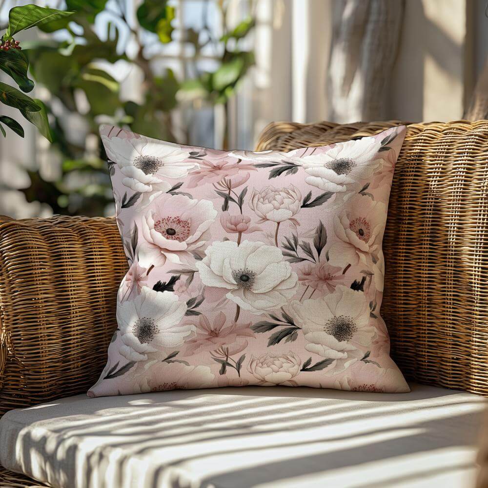 FUNDA DE COJIN FLORES BLANCAS Y ROSADAS 2