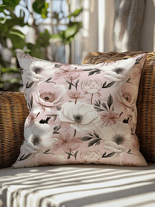 FUNDA DE COJIN FLORES BLANCAS Y ROSADAS