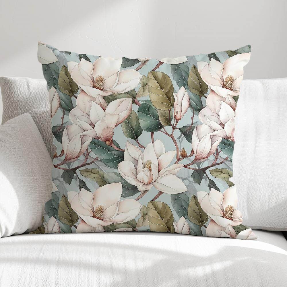 FUNDA DE COJIN MAGNOLIAS BLANCAS FONDO CELESTE 1