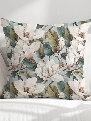 FUNDA DE COJIN MAGNOLIAS BLANCAS FONDO CELESTE