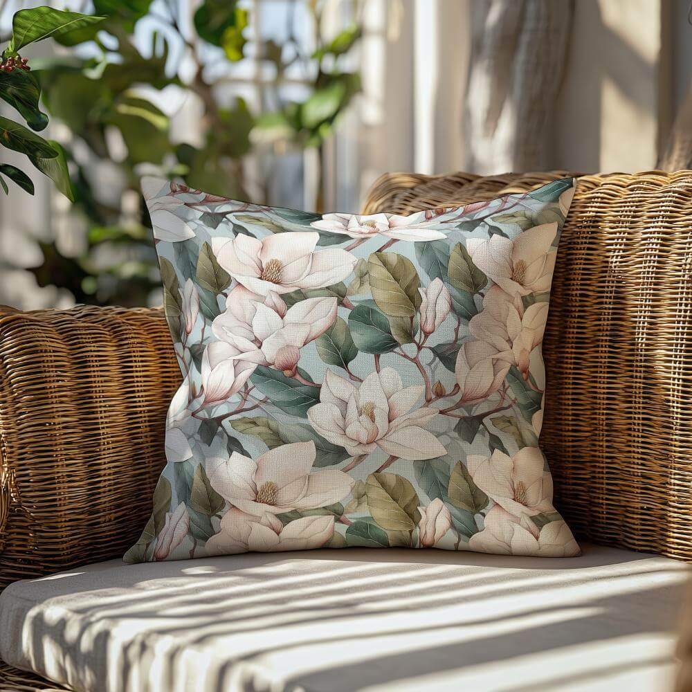 FUNDA DE COJIN MAGNOLIAS BLANCAS FONDO CELESTE 2