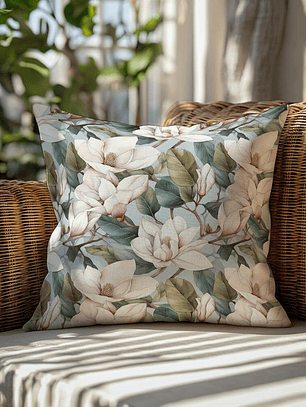 FUNDA DE COJIN MAGNOLIAS BLANCAS FONDO CELESTE