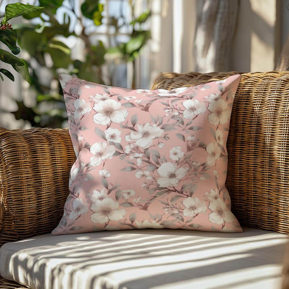 FUNDA DE COJIN FLORES PEQUEÑAS FONDO ROSADO 2