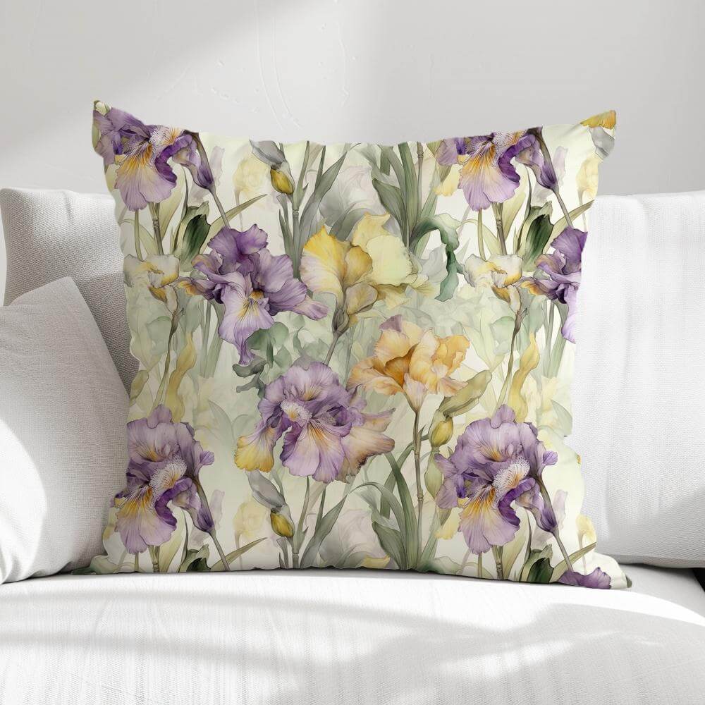 FUNDA DE COJIN FLORES AMARILLAS Y MORADAS 1