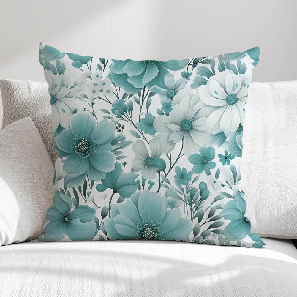 FUNDA DE COJIN FLORES TONOS TURQUESA 1