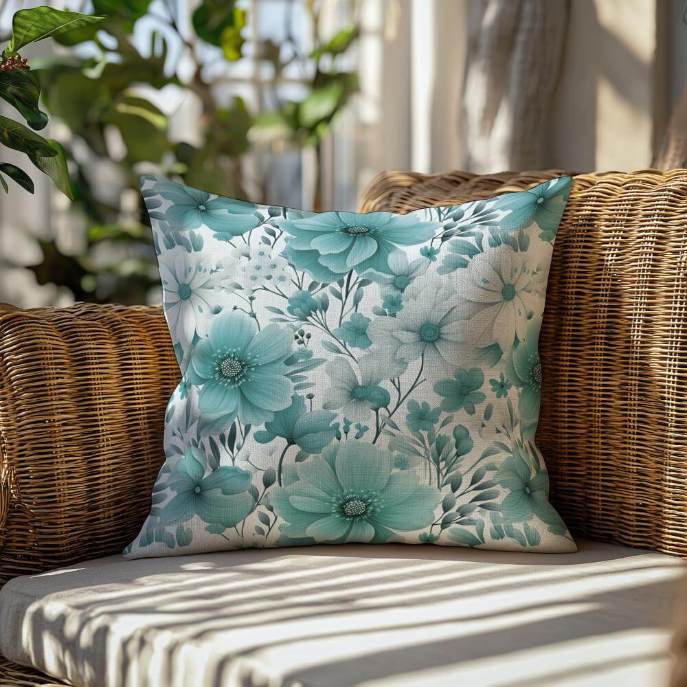 FUNDA DE COJIN FLORES TONOS TURQUESA 2