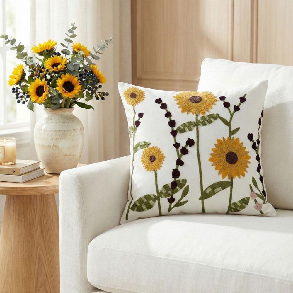 PACK 2 FUNDAS DE COJINES BORDADAS FLORES ALTAS AMARILLA 1