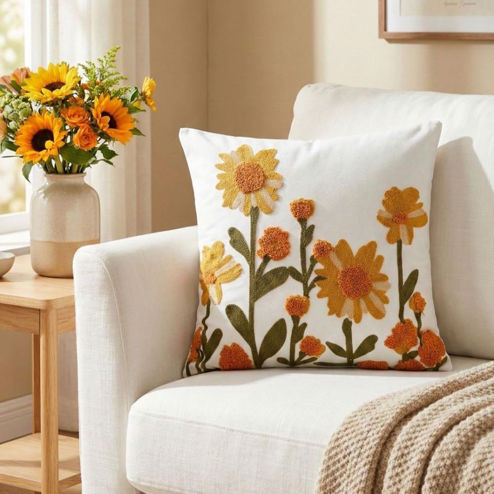PACK 2 FUNDAS DE COJINES BORDADAS FLORES AMARILLAS Y NARANJO 1