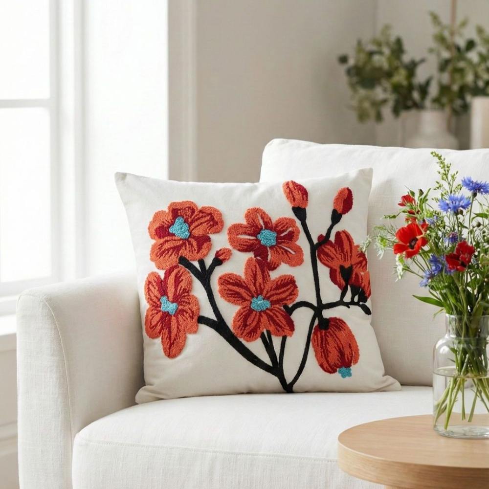 PACK 2 FUNDAS DE COJINES BORDADAS FLORES ROJAS OSCURAS 3