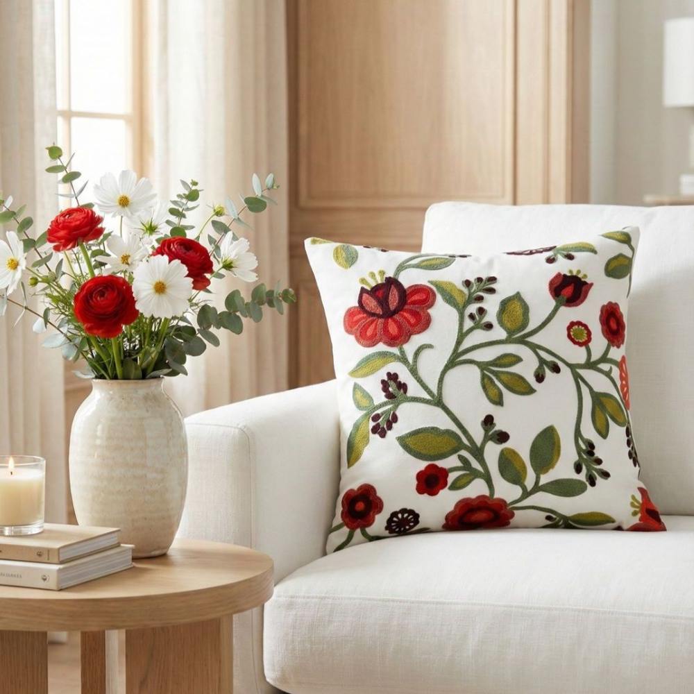 PACK 2 FUNDAS DE COJINES BORDADAS FLORES ROJAS 3