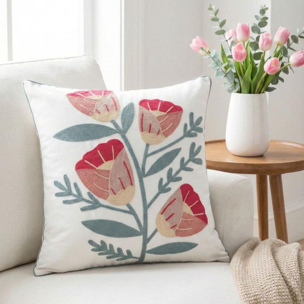 PACK 2 FUNDAS DE COJINES BORDADAS FLORES ROSADAS Y ROJO 3